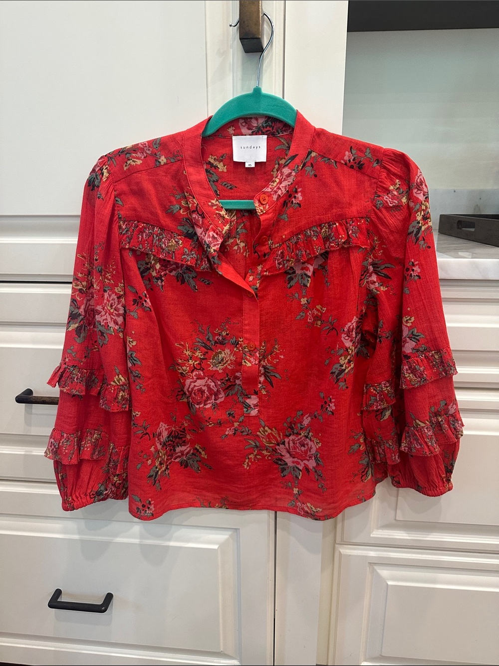 sundays red floral ruffle-detail blouse